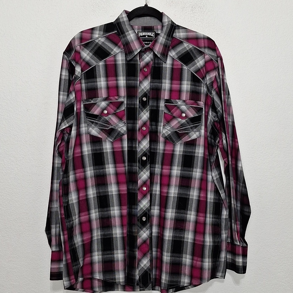 Panhandle Slim Black Gray Purple Plaid Pearl Snap Western Button Down Shirt Sz.L